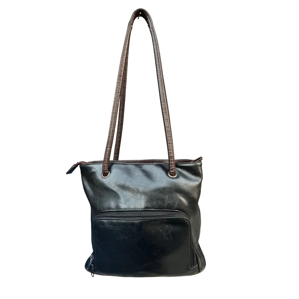 Vintage Black Brown Leather Multi Pocket Shoulder Bag Tote